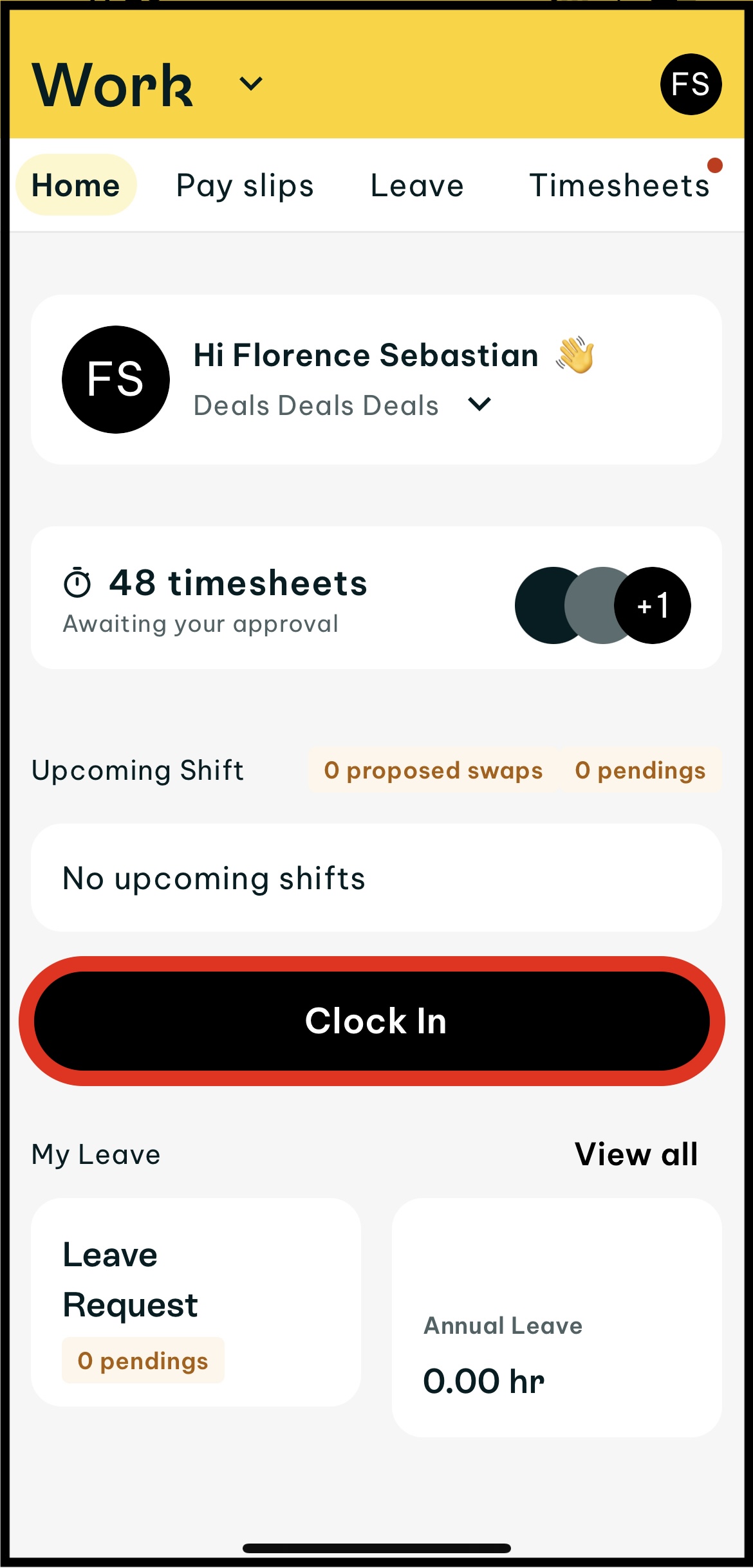 Screenshot of clock in process displaying the clock in button