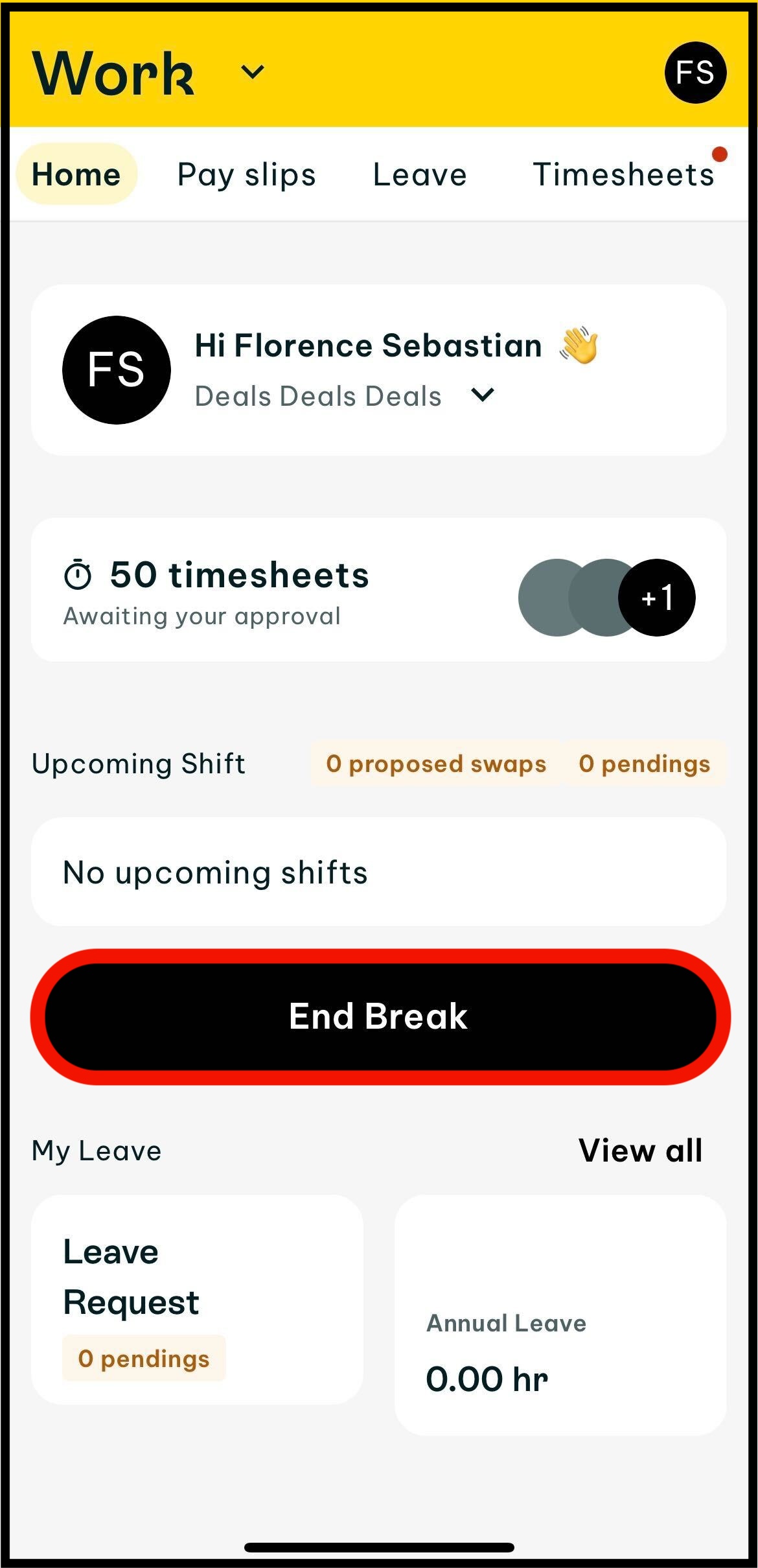 Screenshot of where to tap on start break