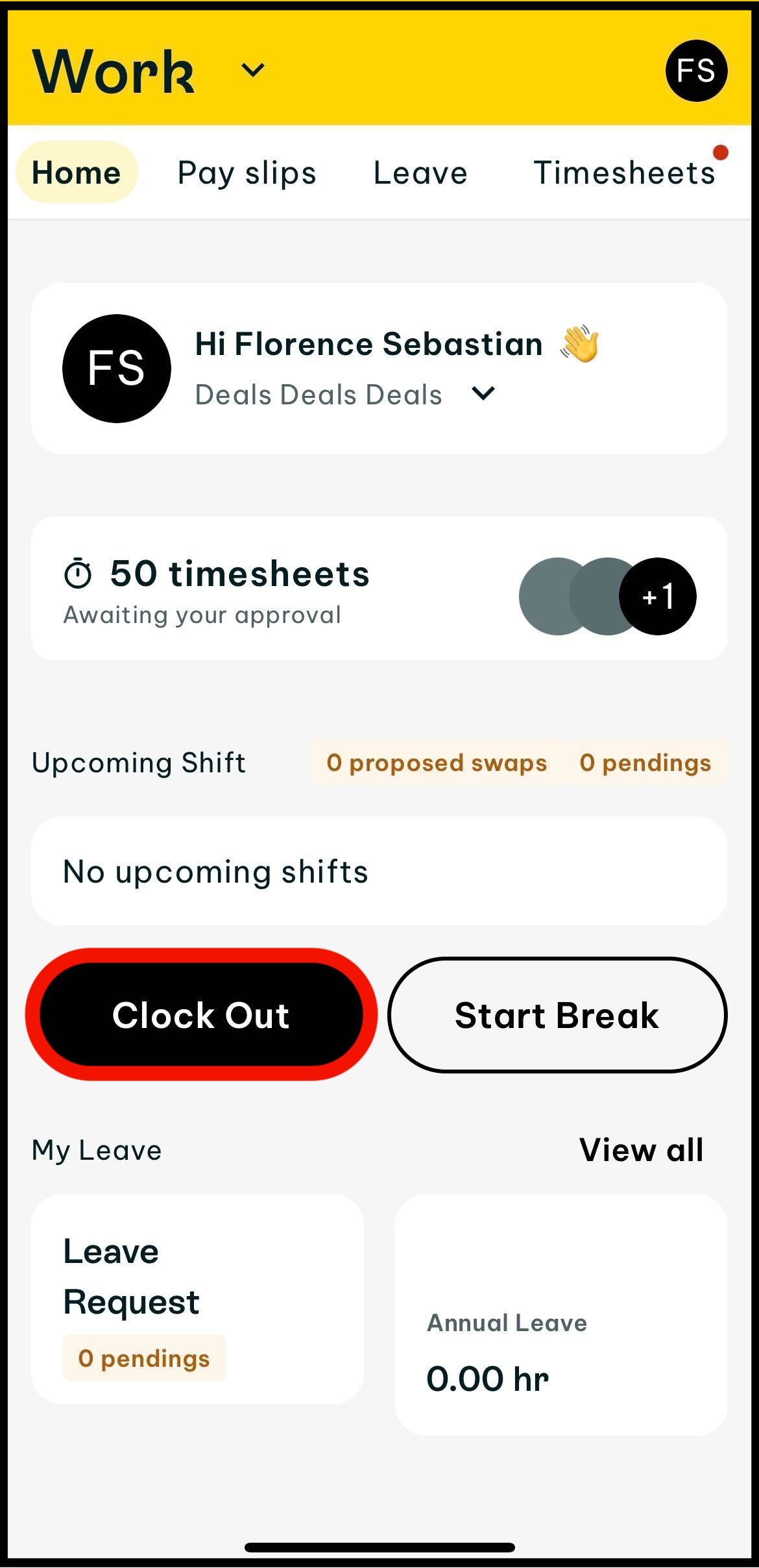 Screenshot of where to tap on clock out button
