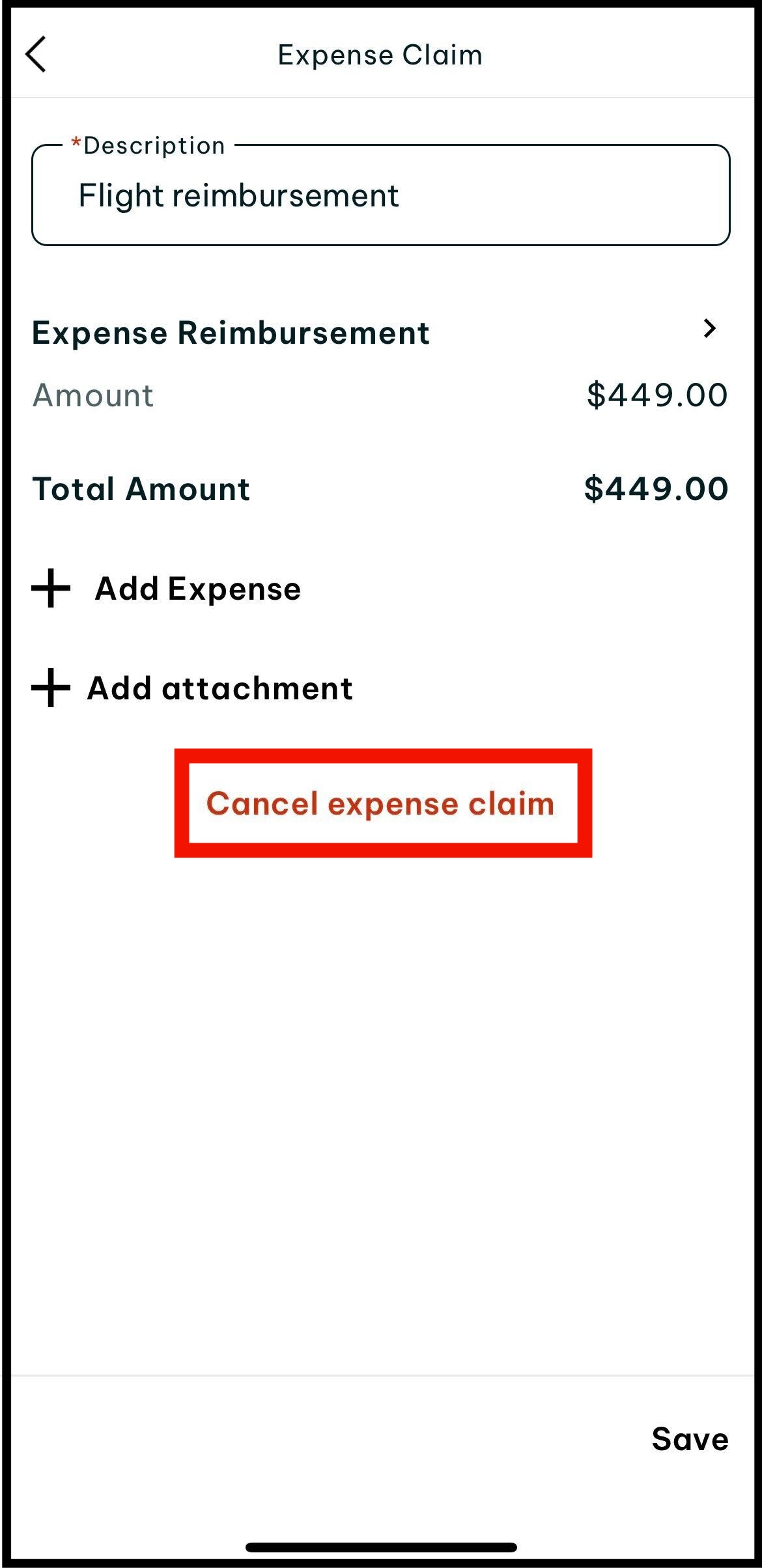 Screenshot of where to tap cancel on the expense that you want to remove