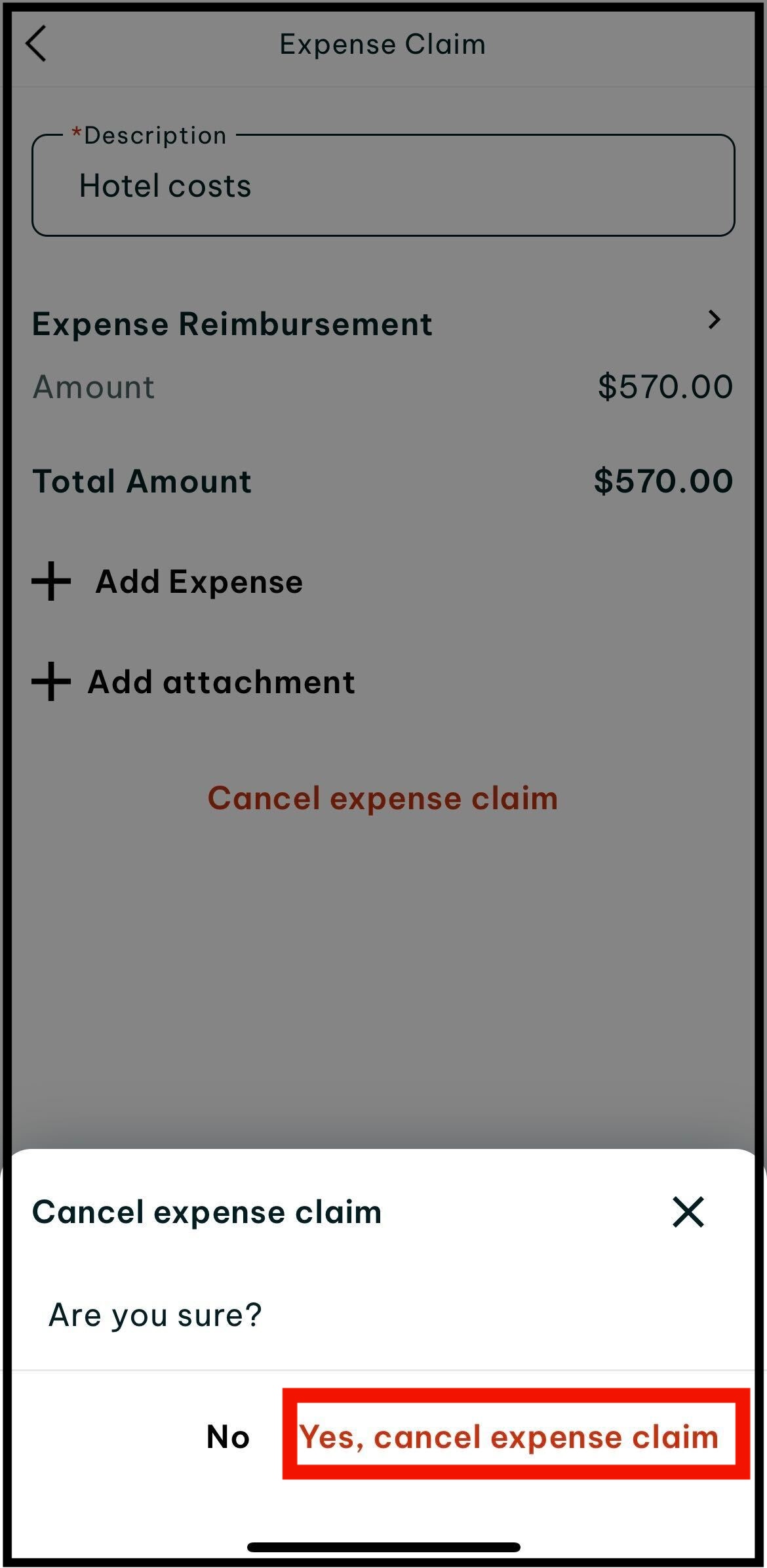 tap yes cancel expense claim