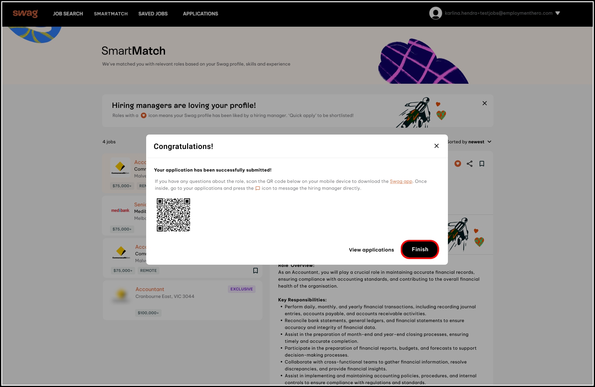 screenshot of the pop up saying you have successfully applied, with a qr code to download the swag app