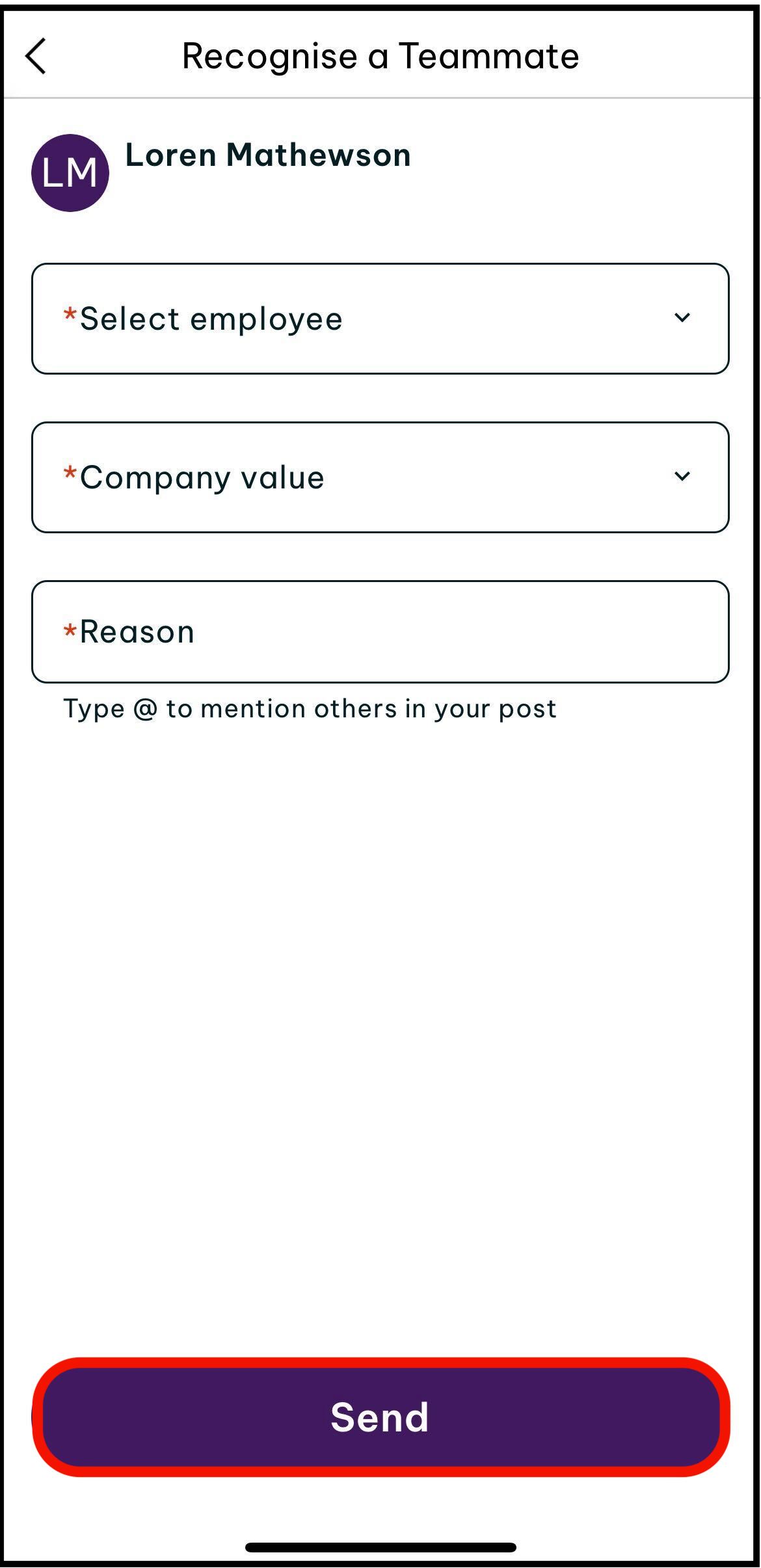 Screenshot of where to send  recognise a teammate to add to the company feed 