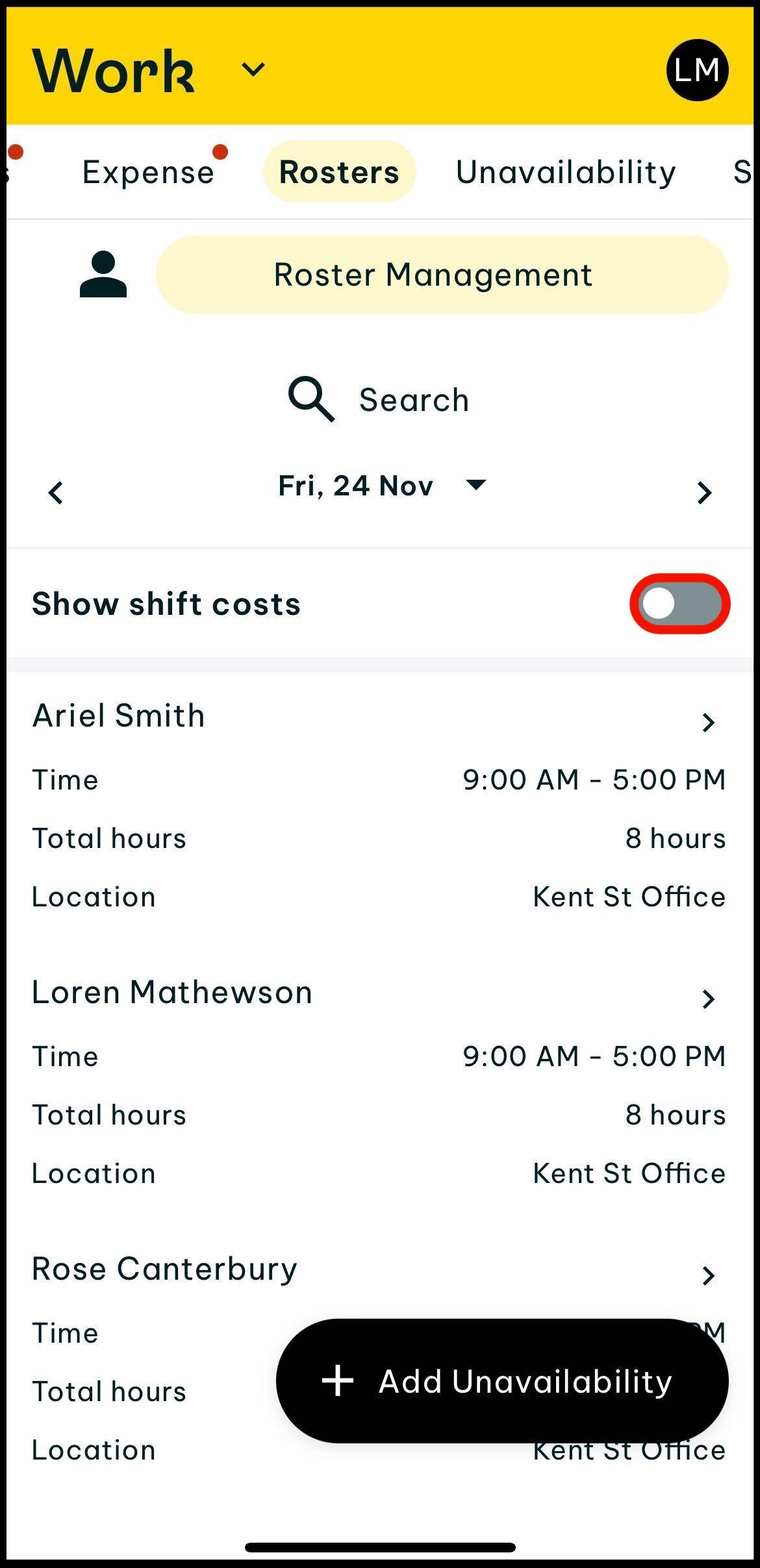 Screenshot of where to tap on the toggle to turn on shift costs