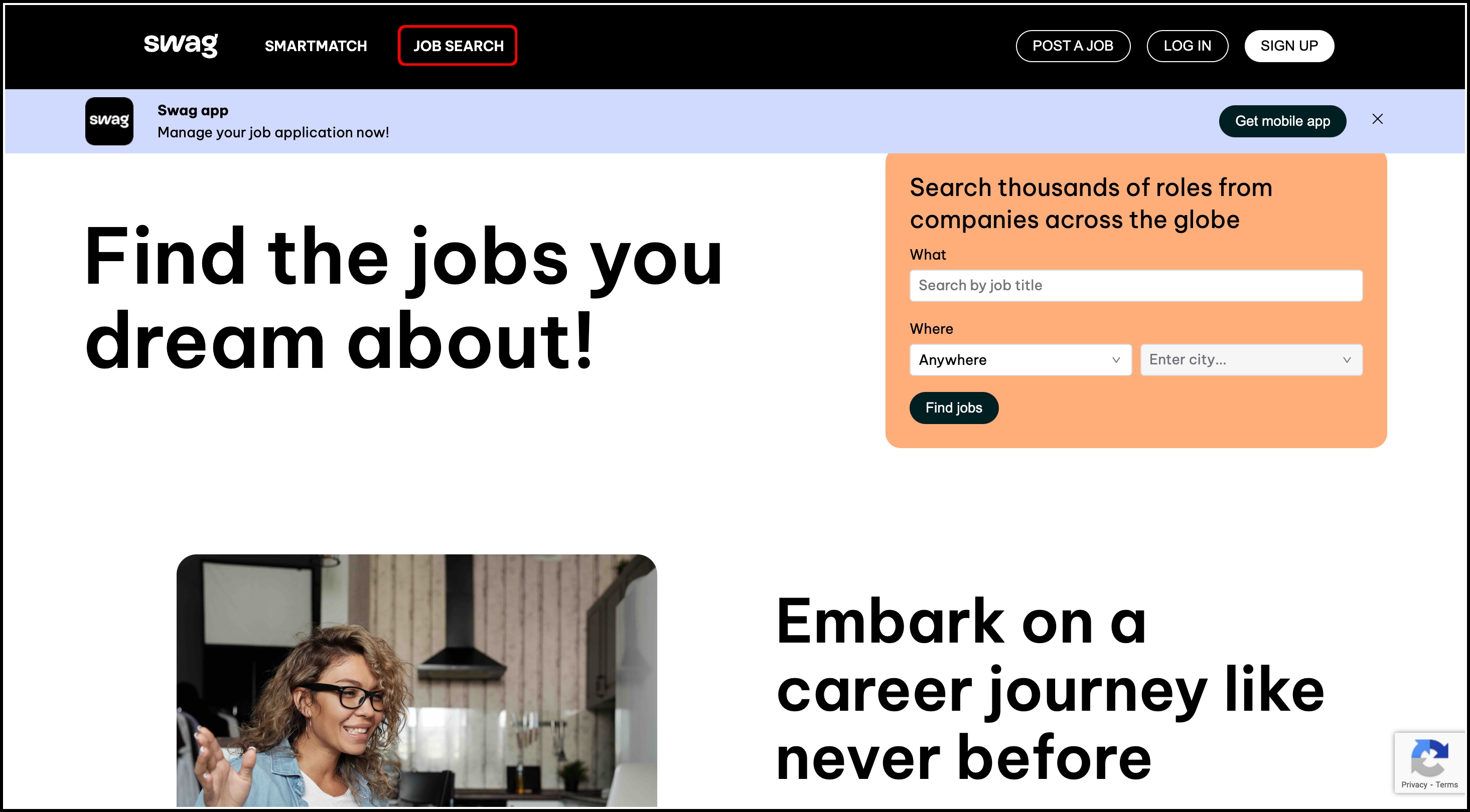 screenshot of the swag jobs page, highlighting the job search button