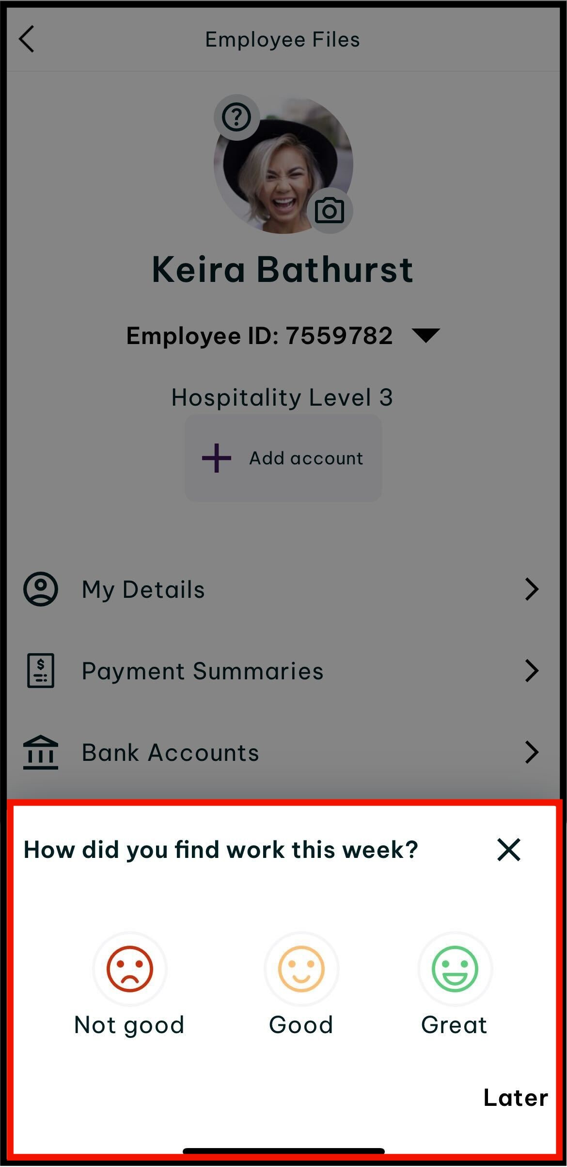 Screenshot of where to tap on work feedback