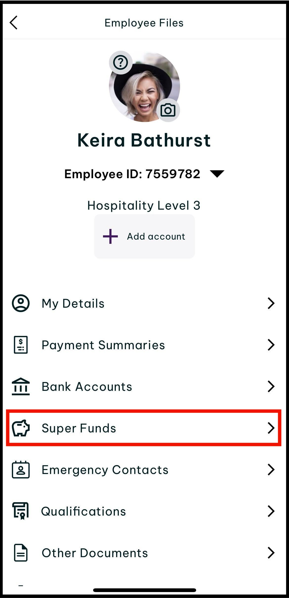 Screenshot of where to tap on super funds