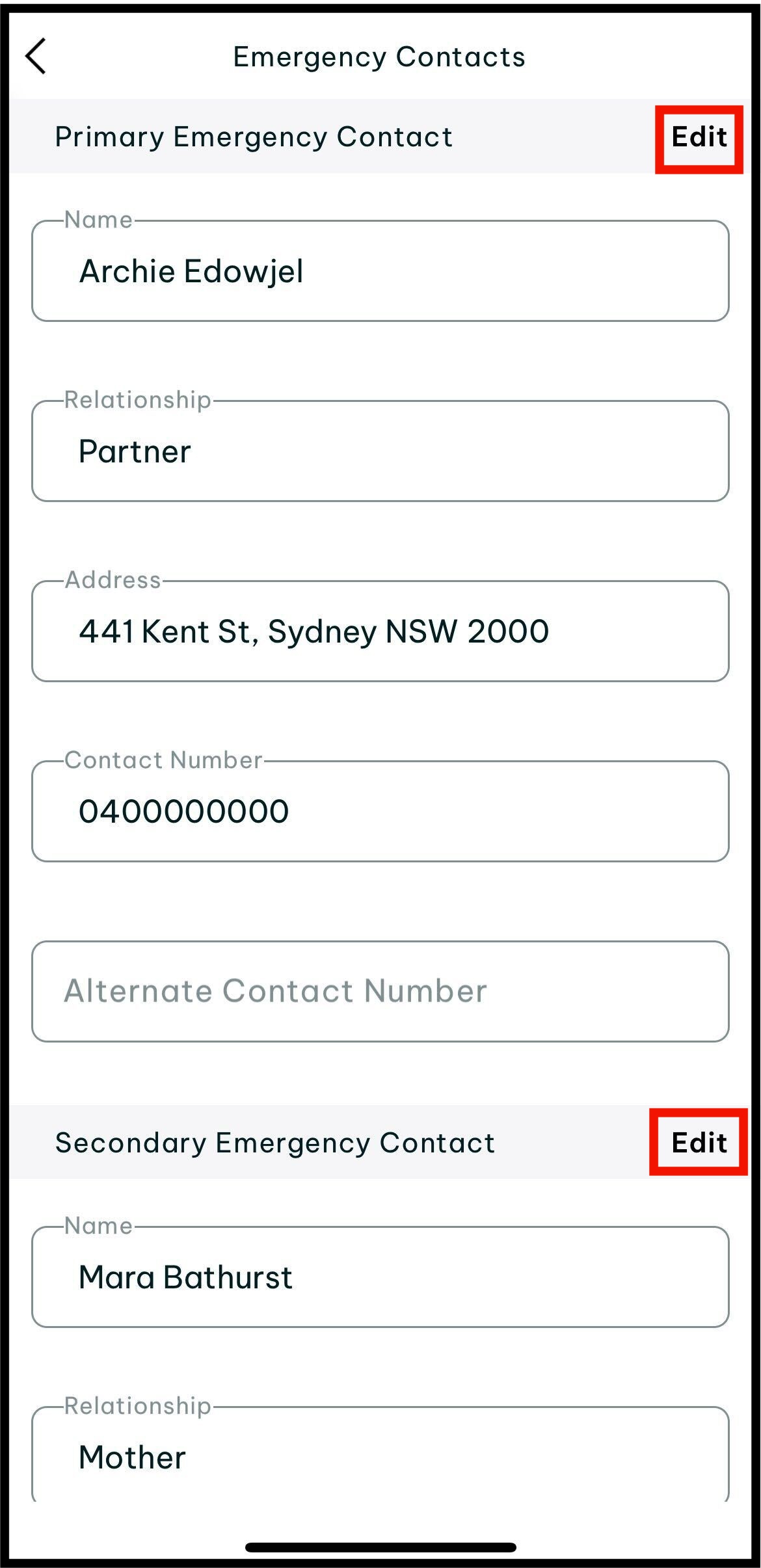 Screenshot of where to view the emergency contacts. tap edit of you wish to edit these.