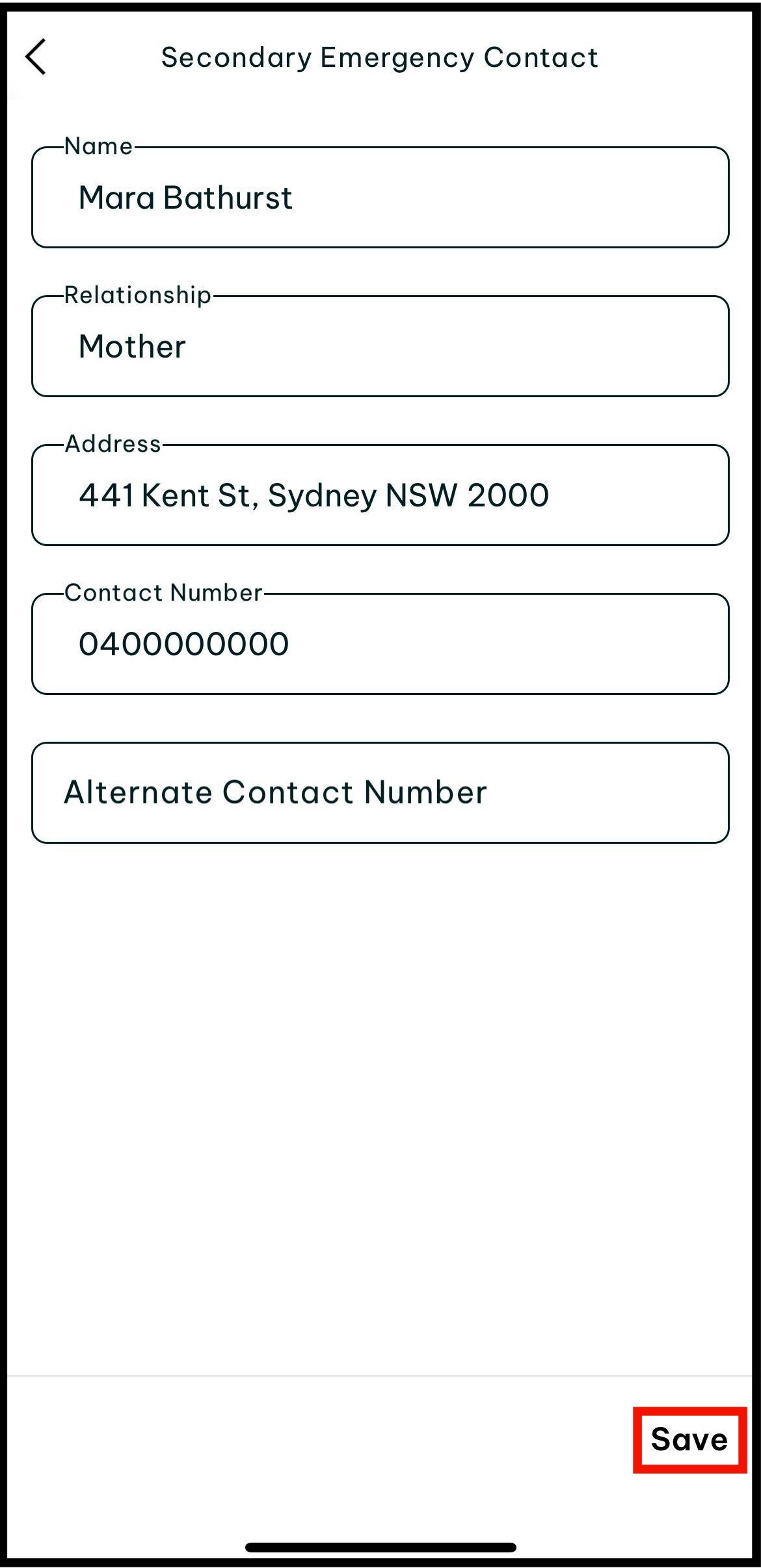 Screenshot of where to tap on save to save your emergency contact details