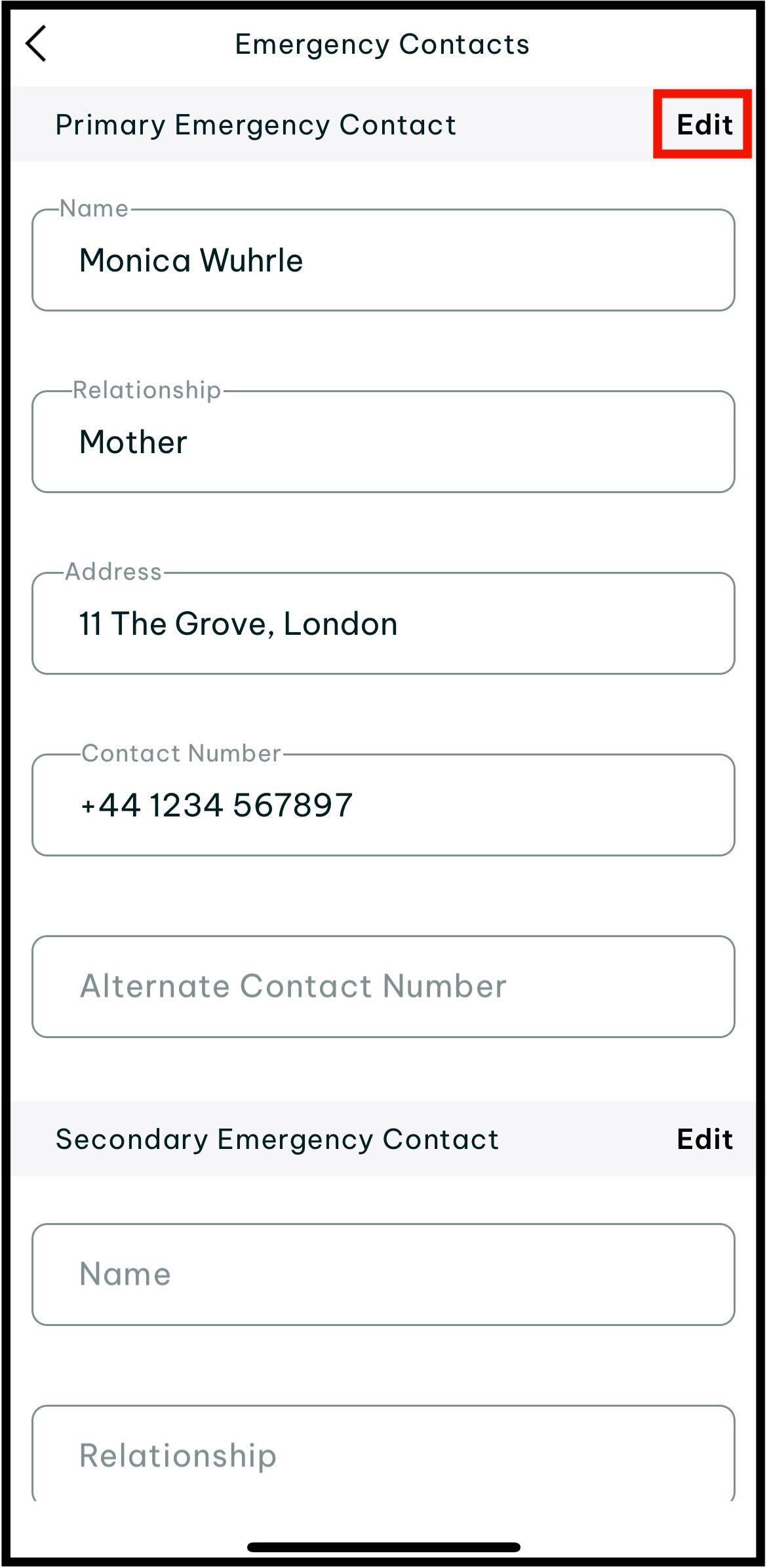 Screenshot of where to tap on edit to edit your emergency contacts
