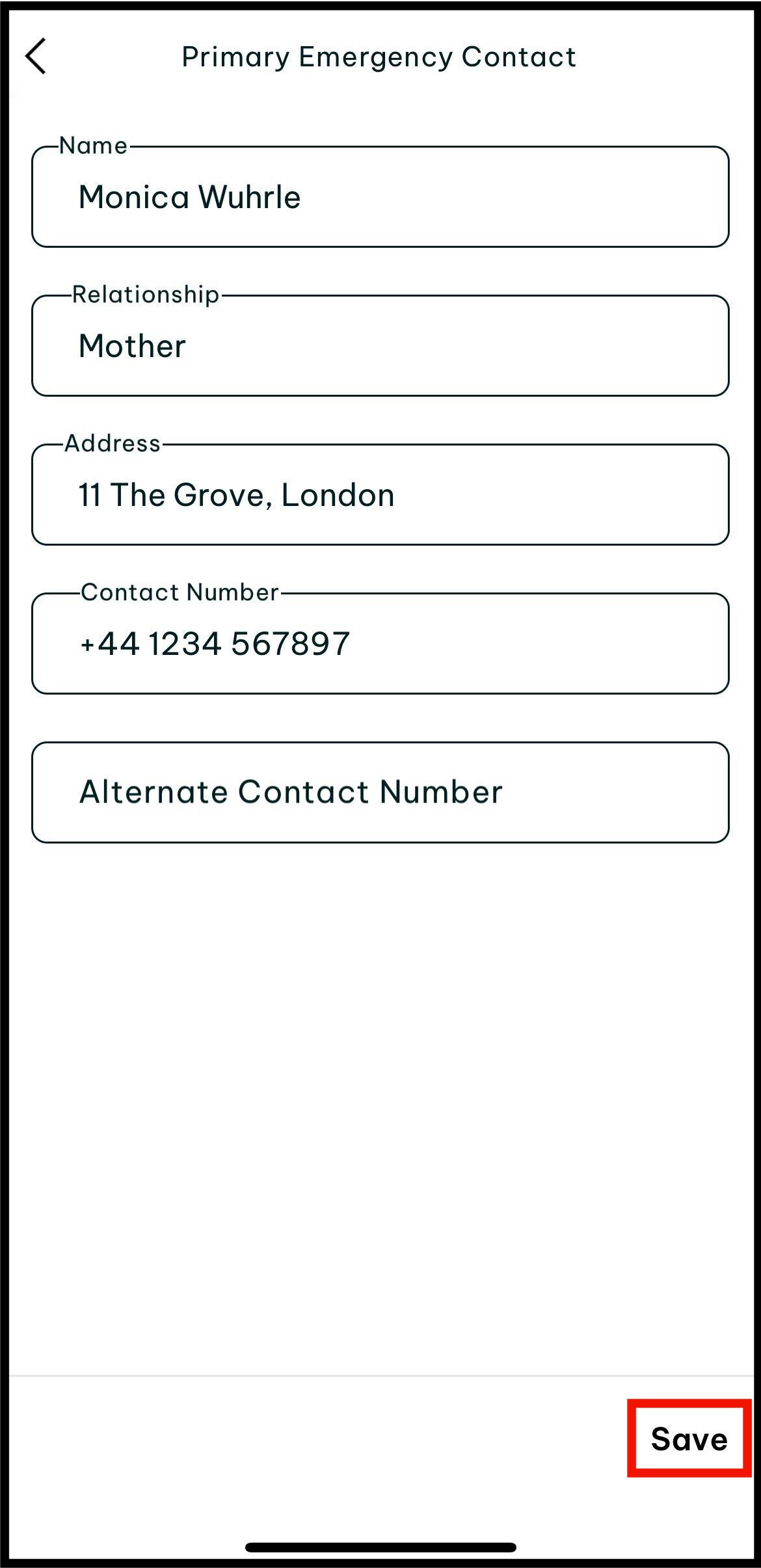 Screenshot of where to tap on save your emergency contacts