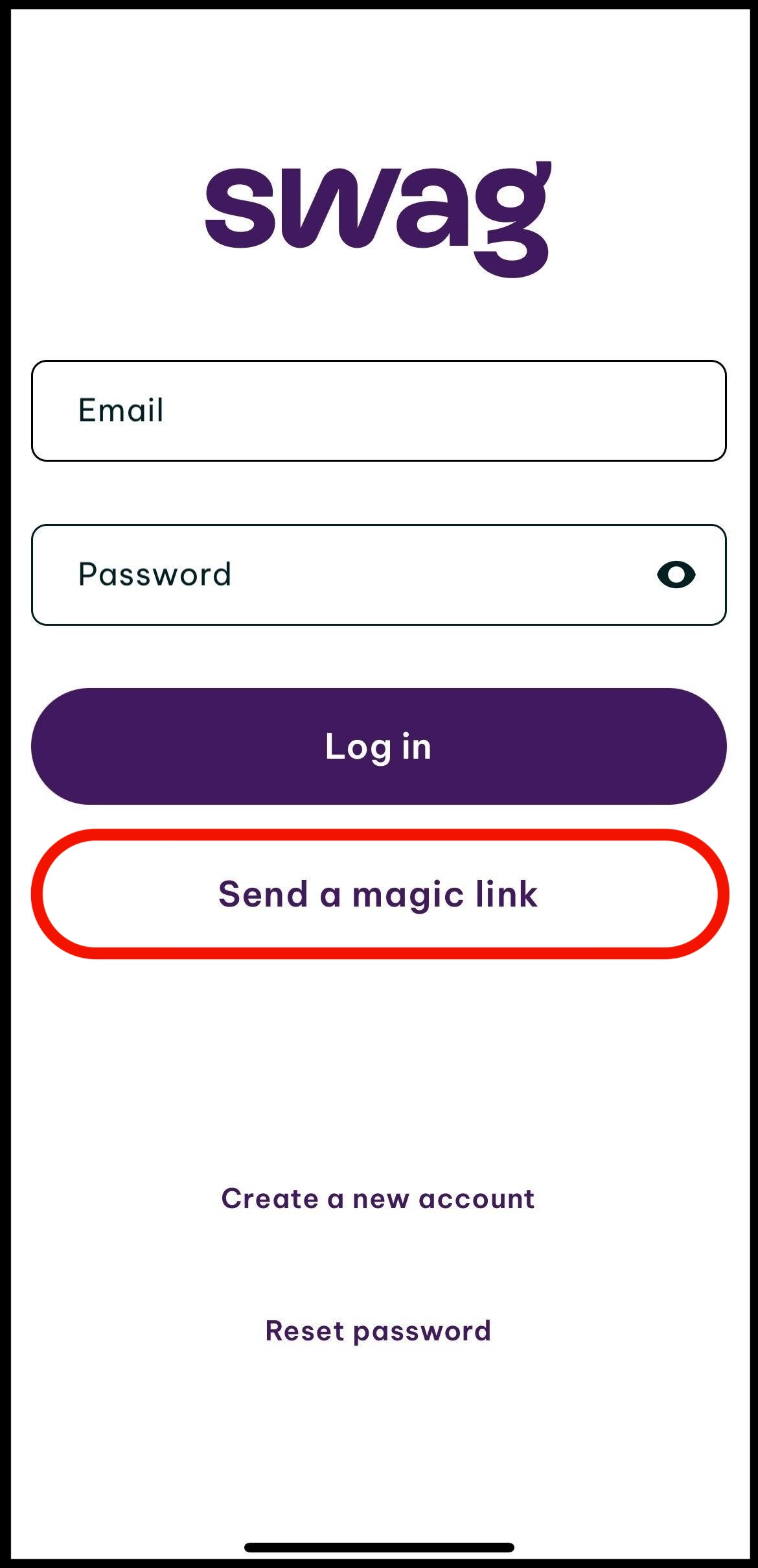 Screenshot of where to tap on send me a magic link so you can log in with a link sent to your email address