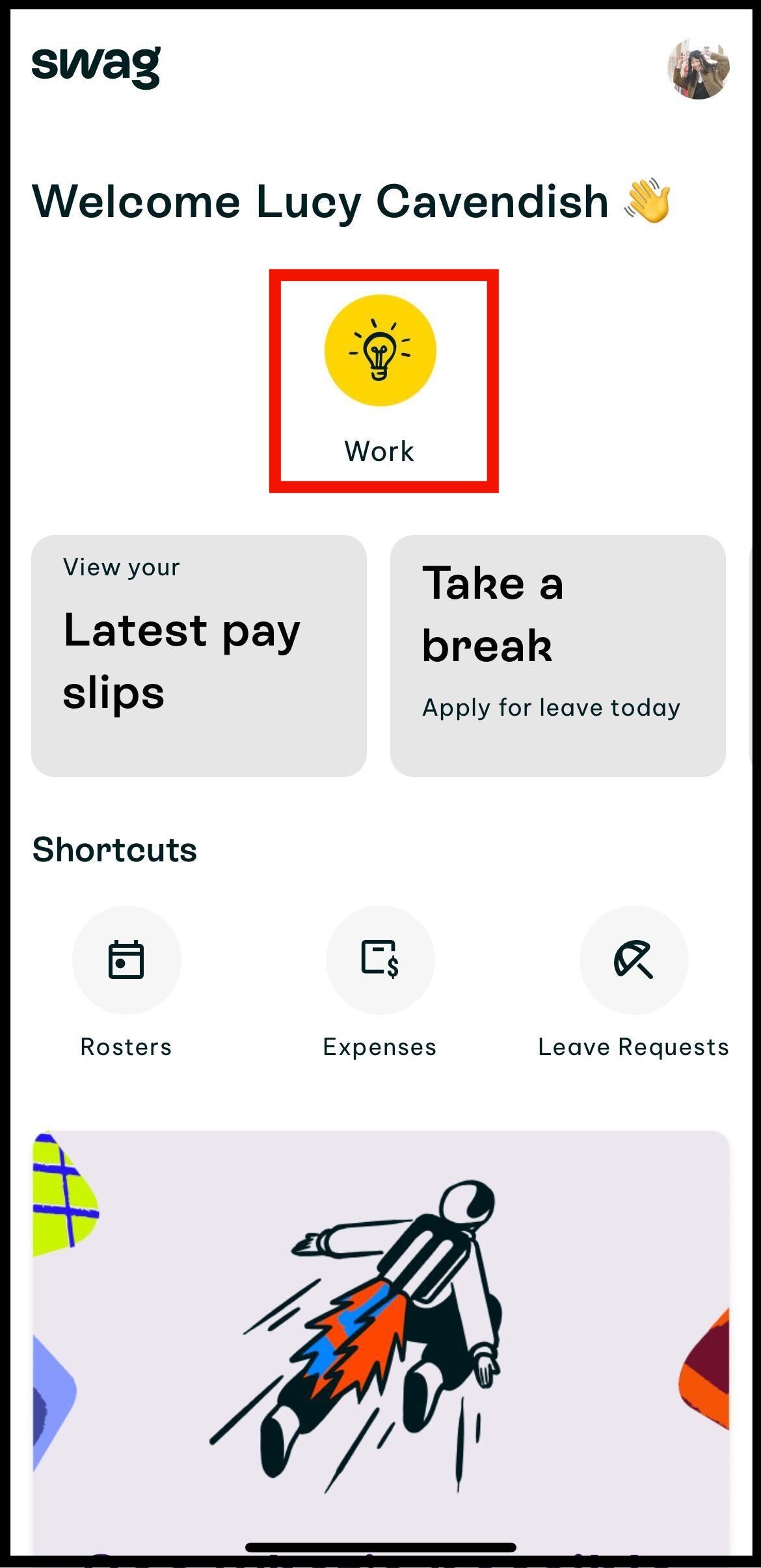 Screenshot of where to tap on the work icon