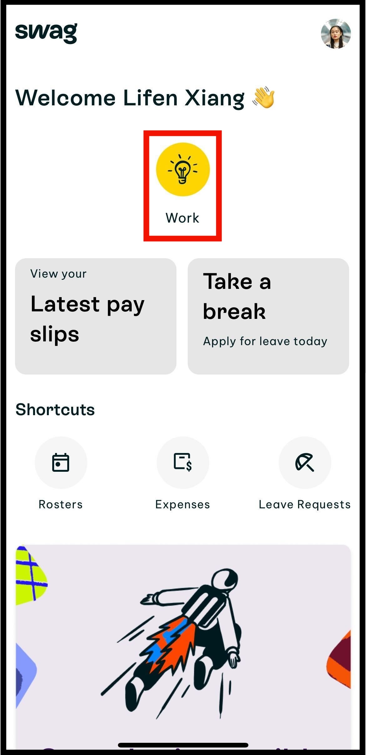 Screenshot of the where to tap on the work icon