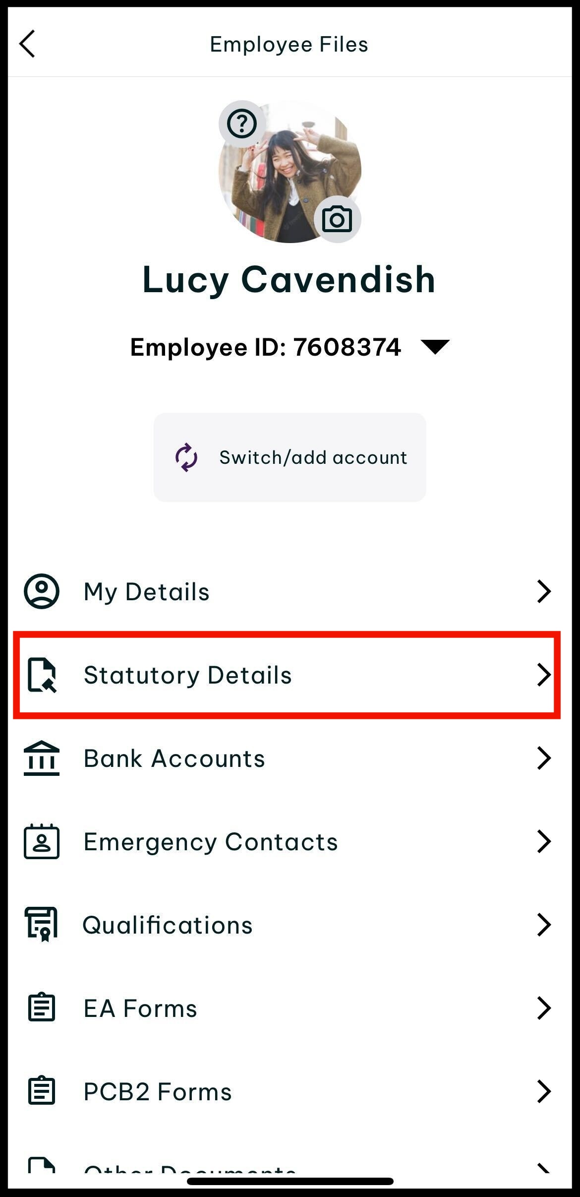 Screenshot of where to tap on statutory details in my profile