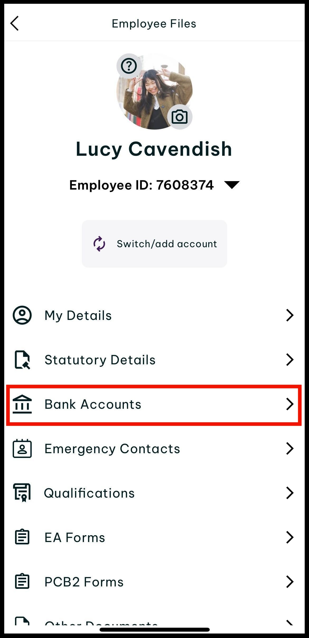 Screenshot of where to tap bank accounts to view your bank details