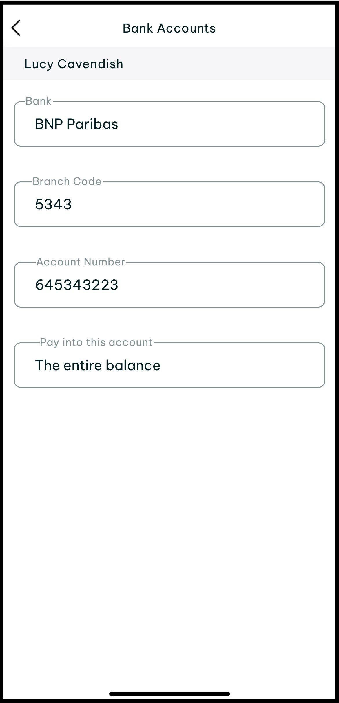 Screenshot of where to view your bank details