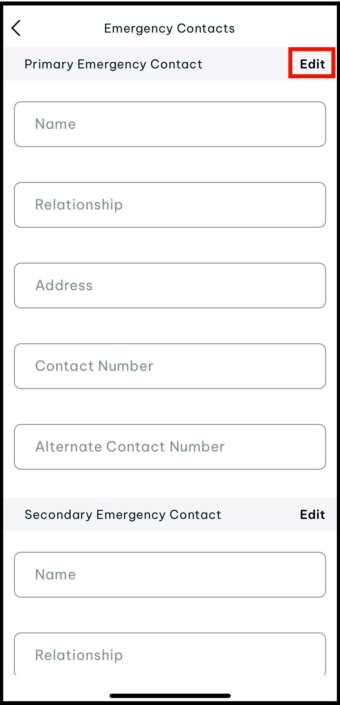 Screenshot of where to tap on edit emergency contacts