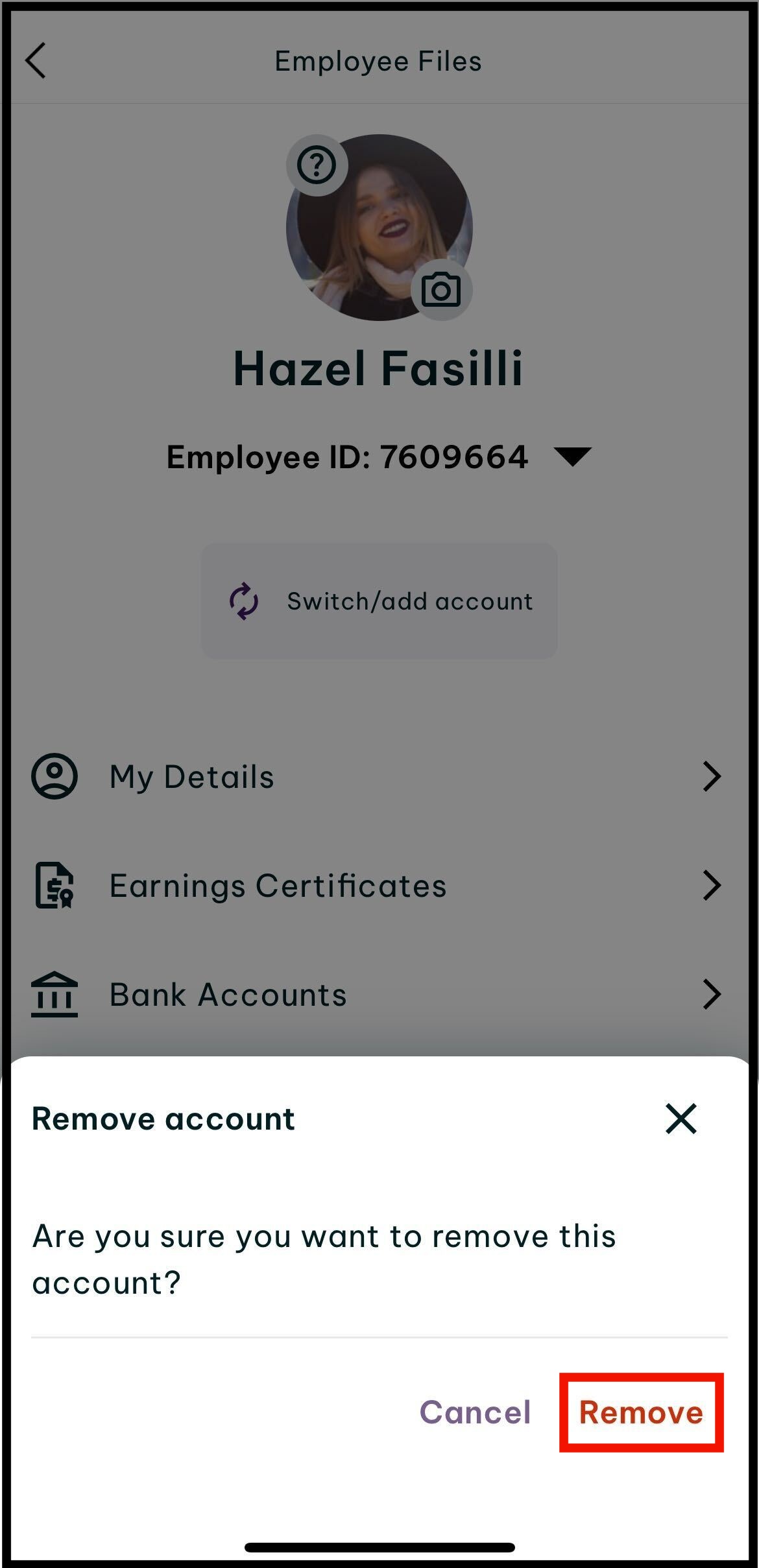 Screenshot of where to tap on remove to remove the account
