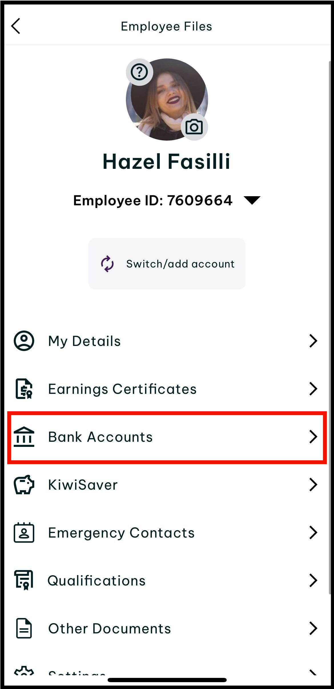 Screenshot of where to tap on bank accounts
