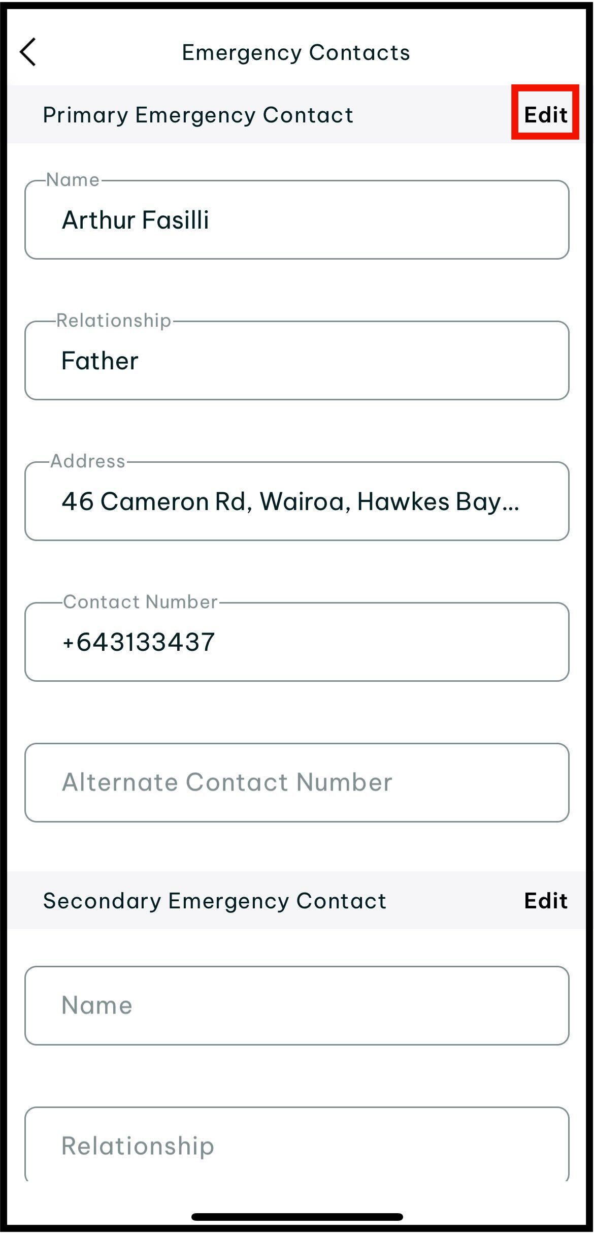 Screenshot of where to view on emergency contacts and where to tap on edit if you wish to add or edit the details