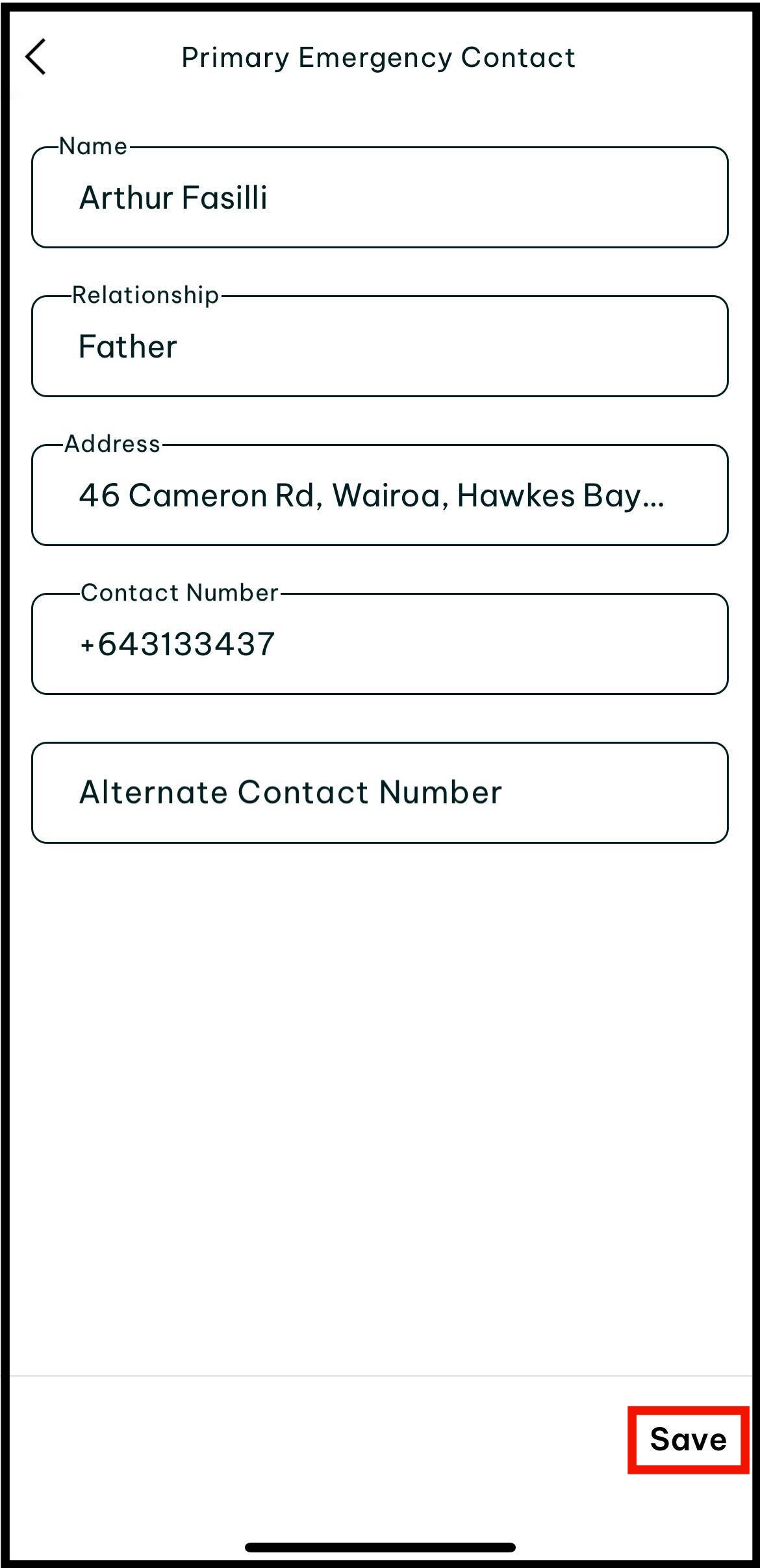 Screenshot of where to tap save on emergency contacts