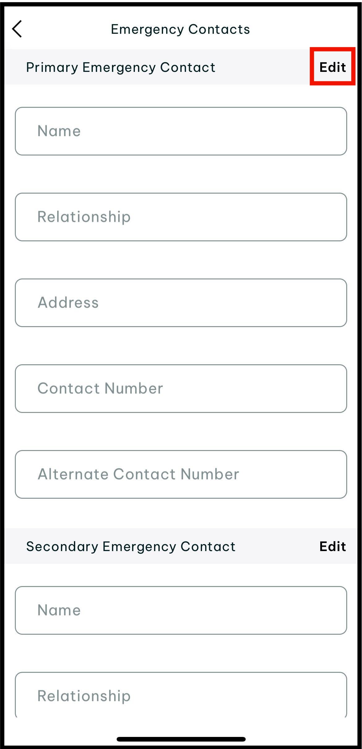 Screenshot of the where to tap on edit in emergency contacts