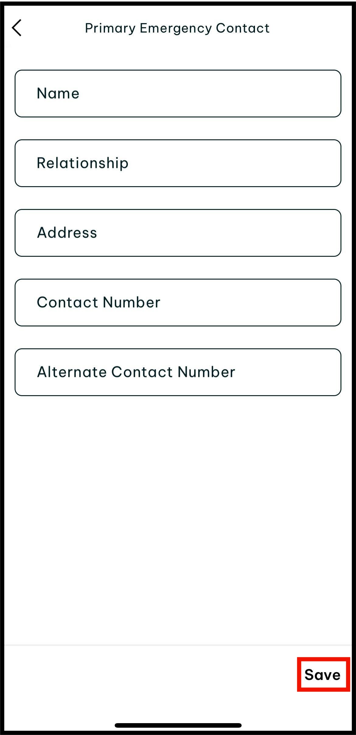 Screenshot of the where to tap on save in emergency contacts