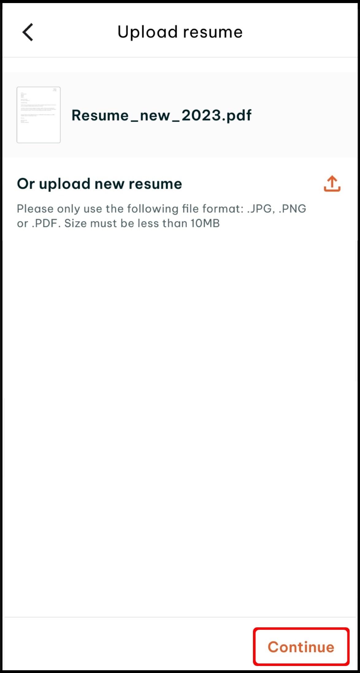 screenshot of the upload resume page, highlighting the continue button