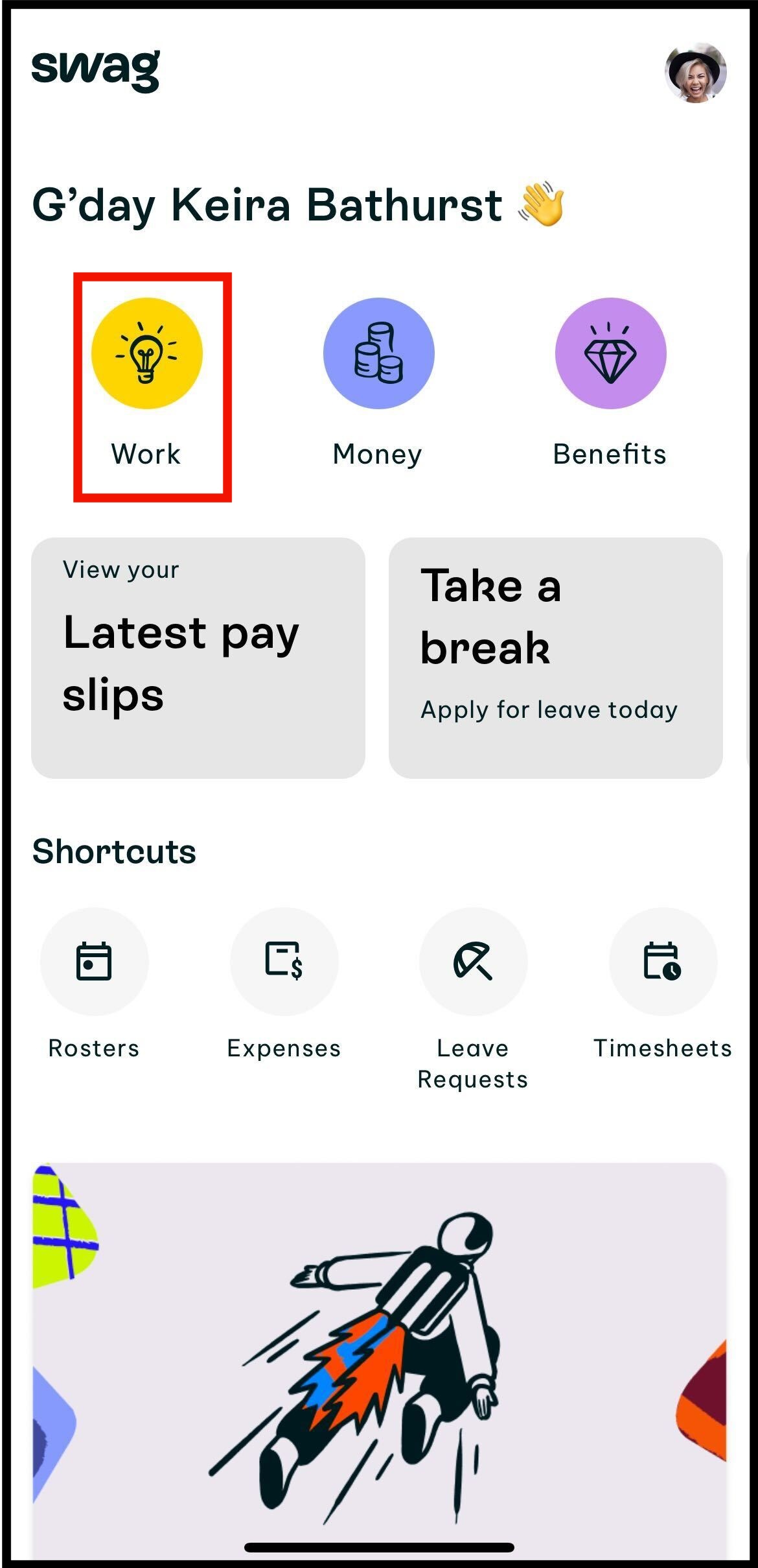 Screenshot of where to tap on the work icon