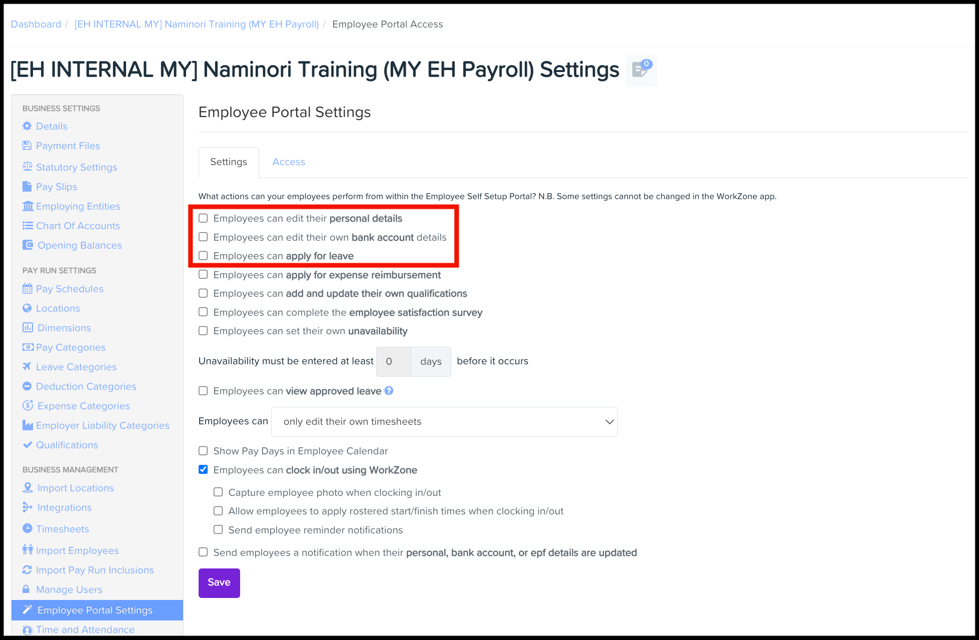 Screenshot of where to untick Employees can edit their personal details, Employees can edit their own bank account details, Employees can apply for leave