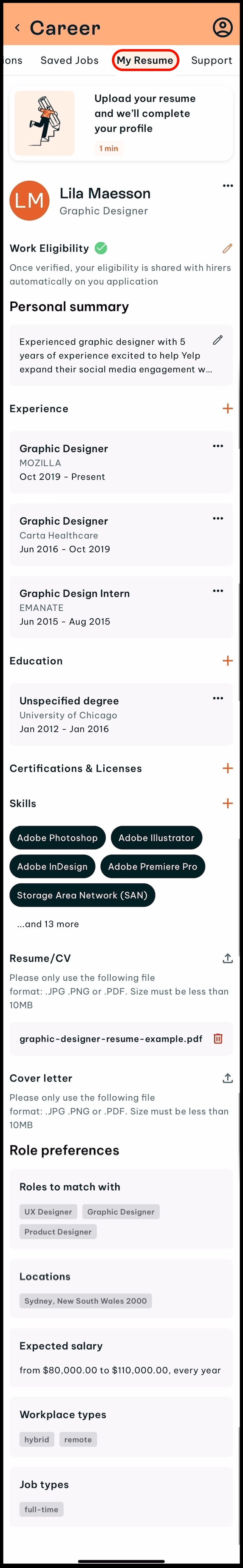Screenshot of full length my resume screen