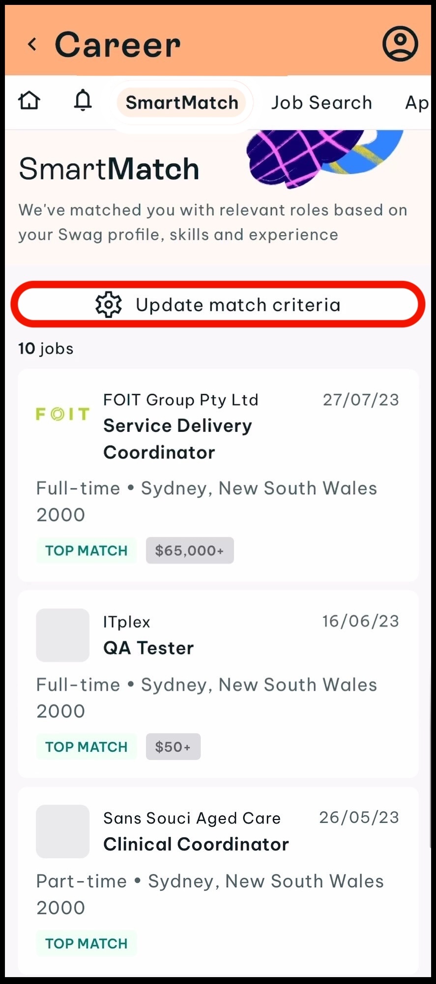 screenshot of where to tap on update match criteria