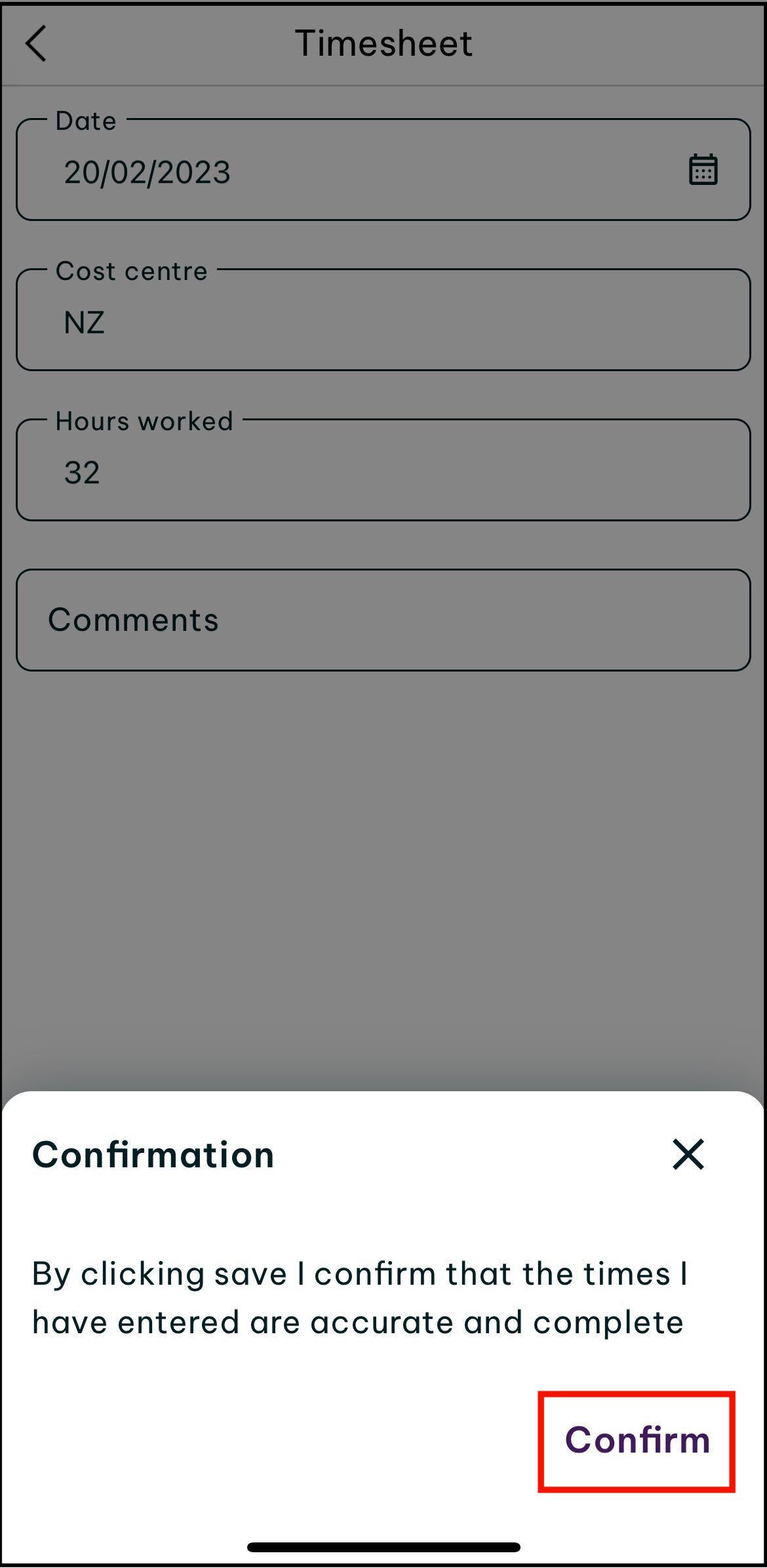 Screenshot of swag app, in the work section, displaying how to tap on confirm at the bottom of the screen to submit your timesheet in the timesheets section of work