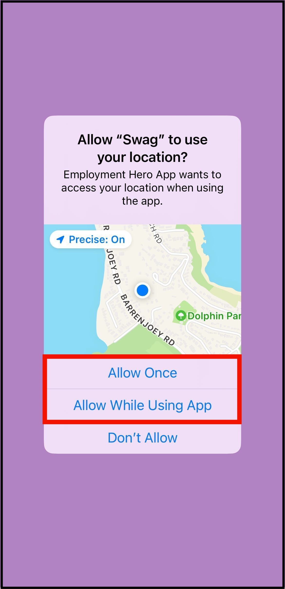 Screenshot of where to tap on the location permission settings