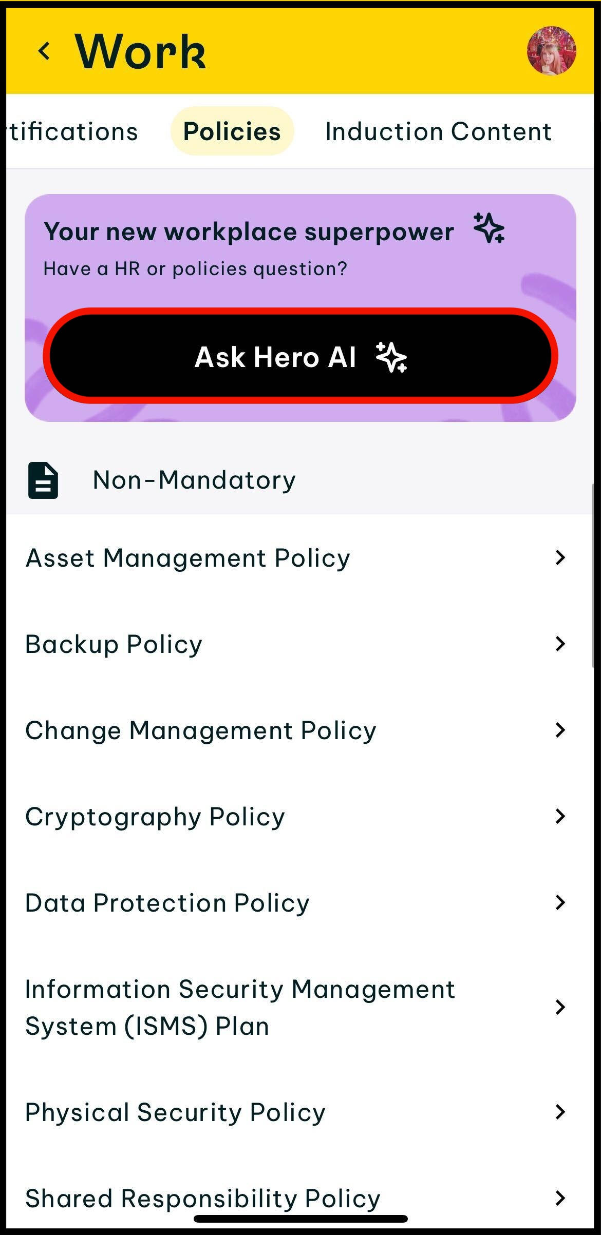 Screenshot of where to tap on the policies section in swag, and tap on the button that says ask hero ai