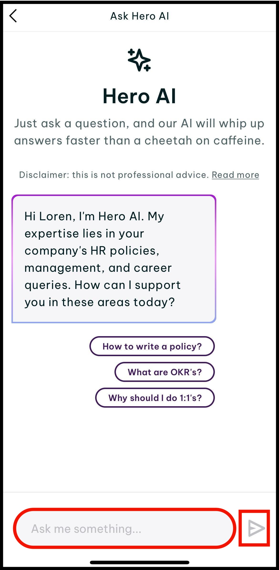 Screenshot of where to type in your hr or policy question, then tap the send button
