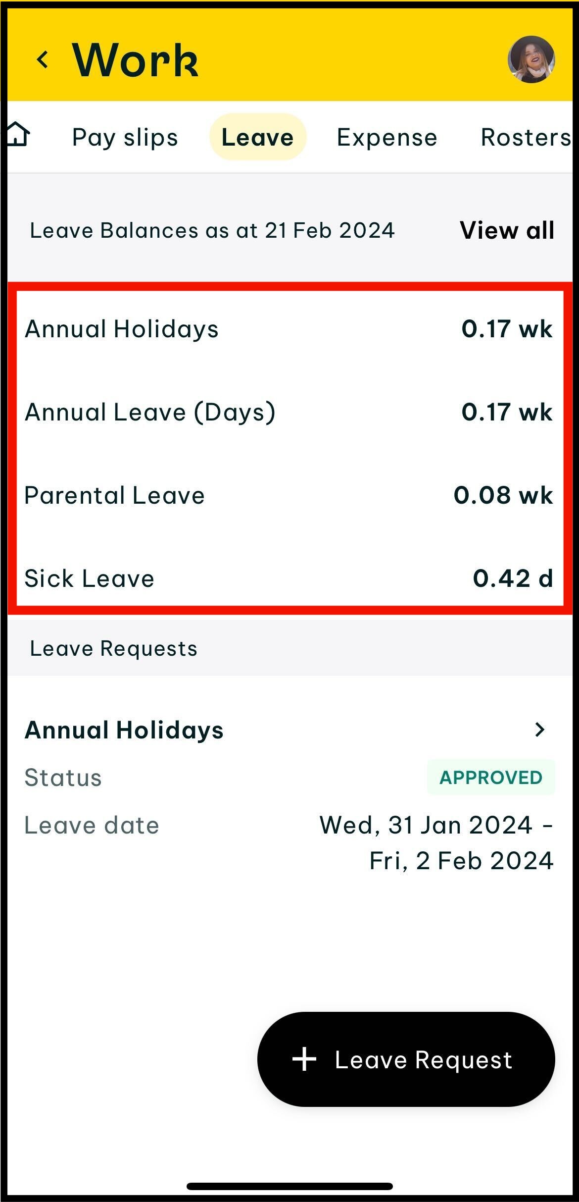 Screenshot of Swag app and where to tap on leave to request leave and access your leave balances
